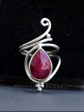 Maasha Bijewell Sterling Silver Teardrop Indian Ruby Ring Size 10 3/4